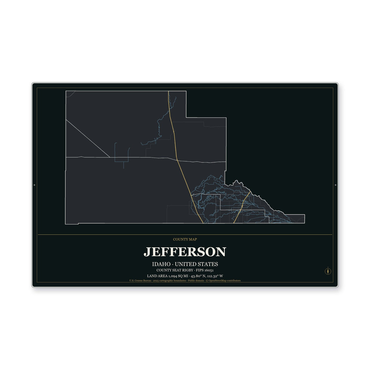 Jefferson County, Idaho Map Aluminum Sign in Metropolitan Noir style