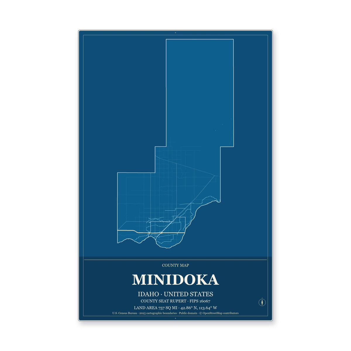 Minidoka County, Idaho Map Aluminum Sign in Harbor Cobalt style