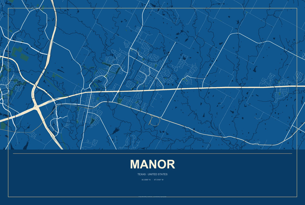 Manor, Texas City Map Aluminum Sign in Harbor Cobalt style