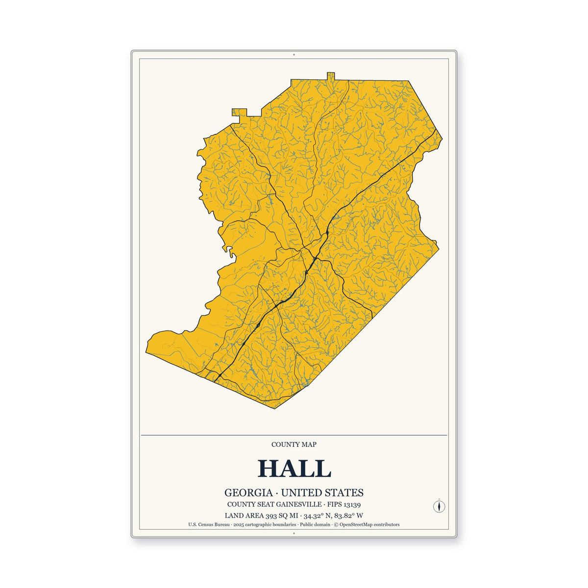 Hall County, Georgia Map Aluminum Sign in Citrine Modern style