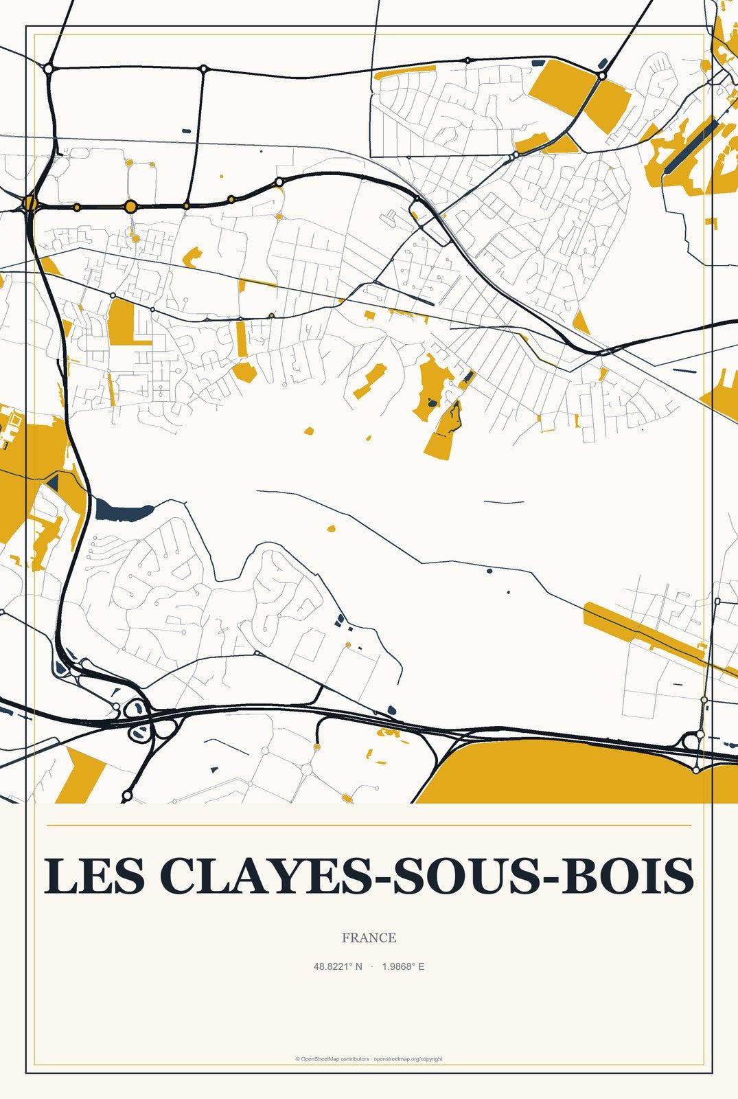 Les Clayes-sous-Bois, France City Map Aluminum Sign in Citrine Modern style