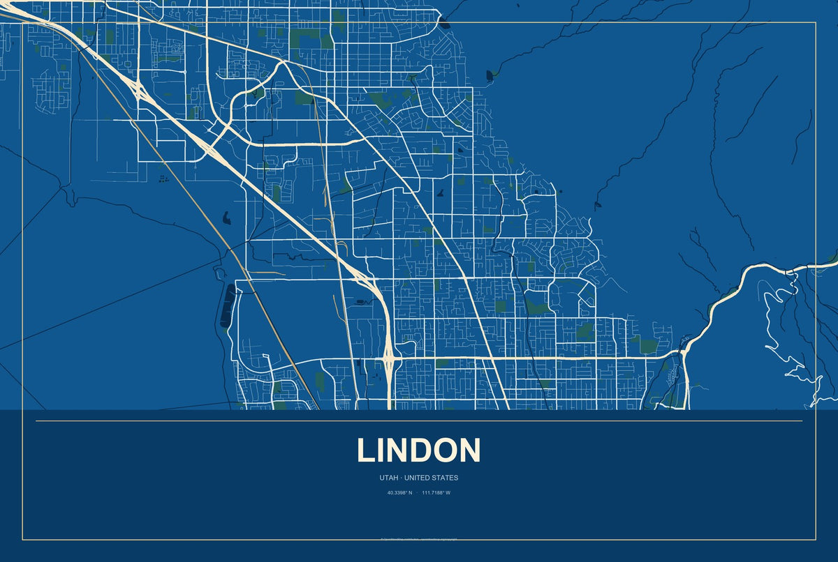 Lindon, Utah City Map Aluminum Sign in Harbor Cobalt style