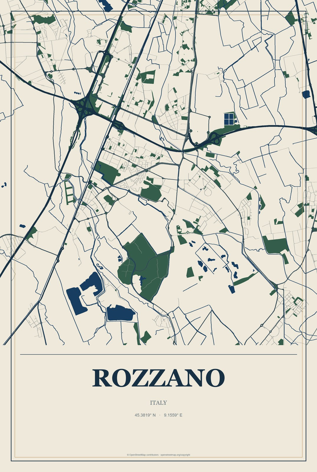 Rozzano, Italy City Map Aluminum Sign in Coastal Cutout style