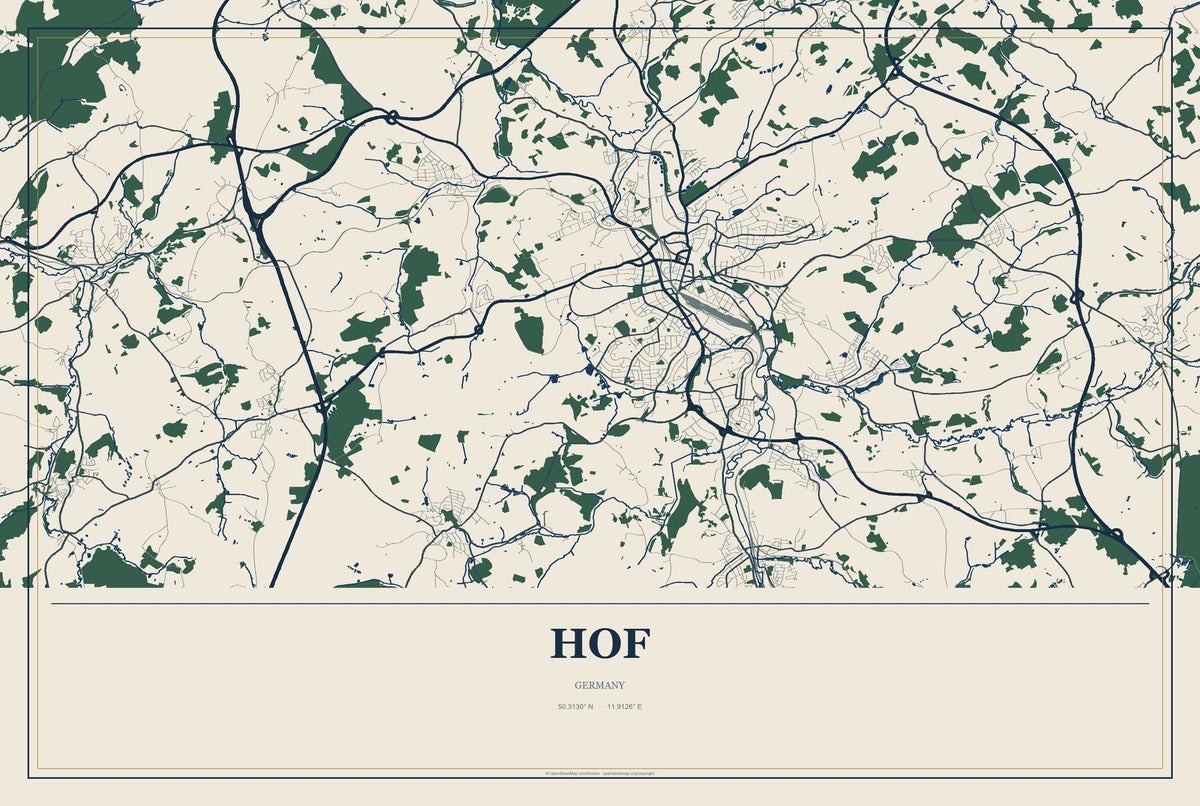 Hof, Germany City Map Aluminum Sign in Coastal Cutout style