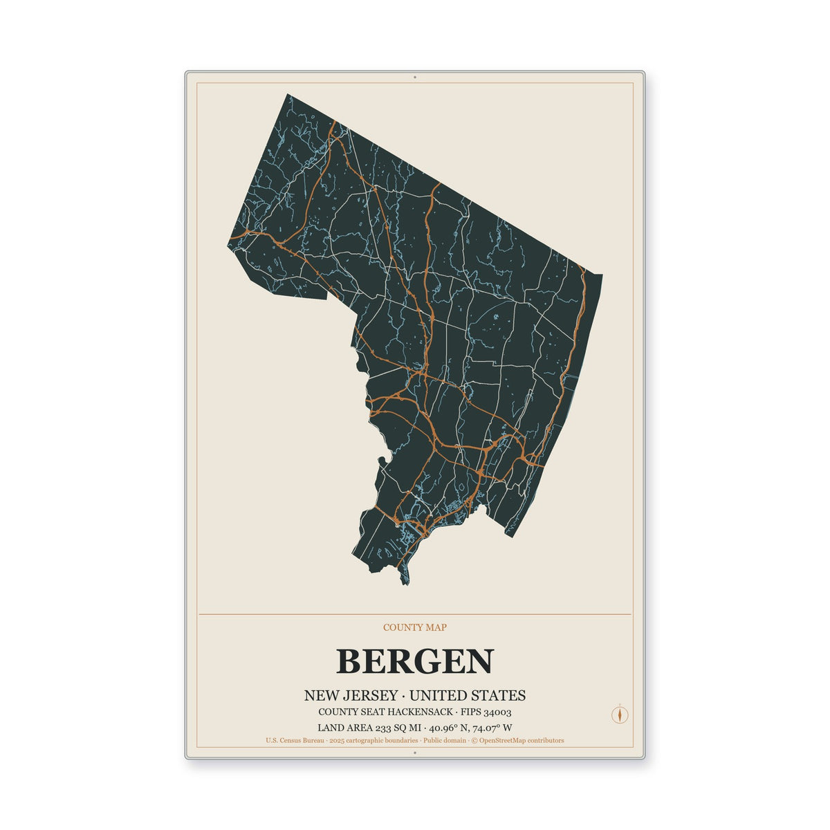 Bergen County, New Jersey Map Aluminum Sign in Headline Atlas style