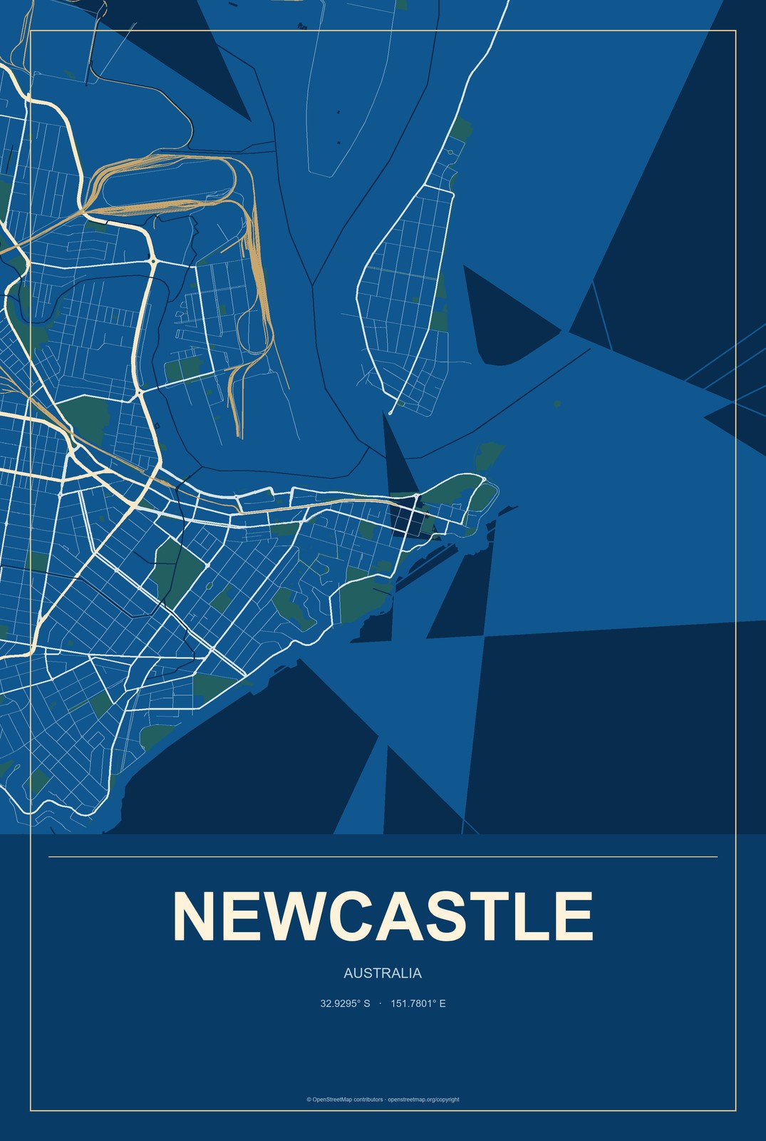 Newcastle, Australia City Map Aluminum Sign in Harbor Cobalt style