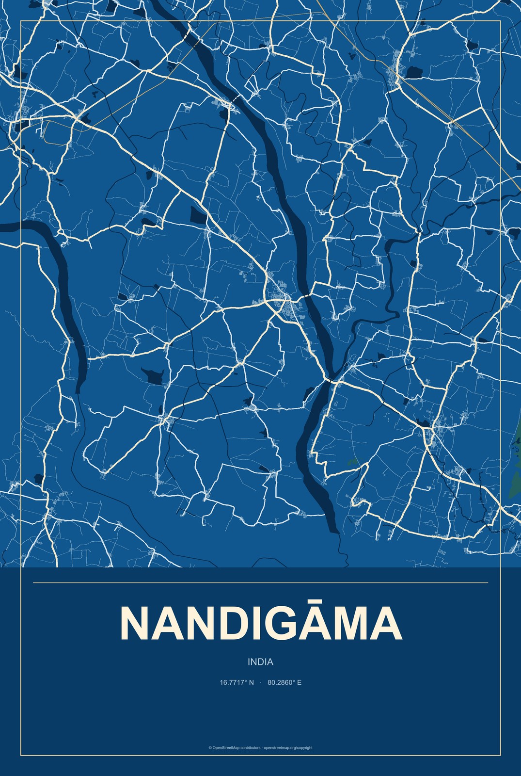 Nandigāma, India City Map Aluminum Sign in Harbor Cobalt style
