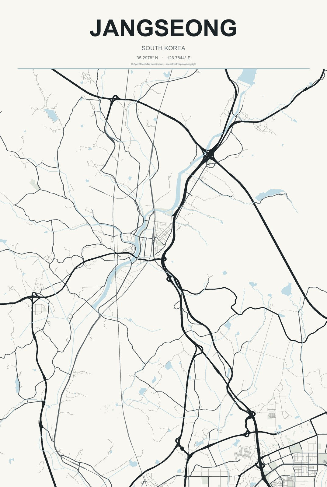 Jangseong, South Korea City Map Aluminum Sign in Headline Atlas style