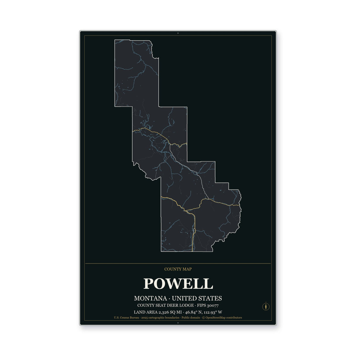 Powell County, Montana Map Aluminum Sign in Metropolitan Noir style