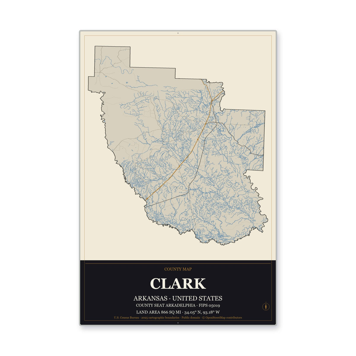 Clark County, Arkansas Map Aluminum Sign in Museum Plaque style