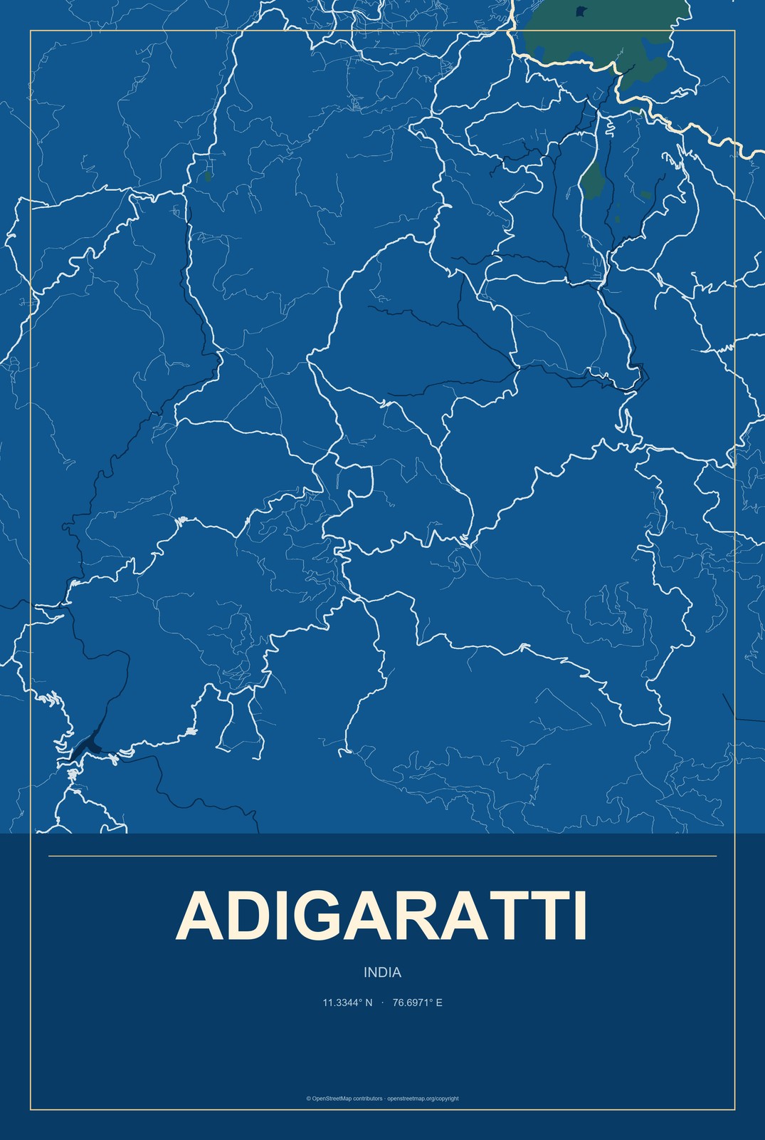 Adigaratti, India City Map Aluminum Sign in Harbor Cobalt style