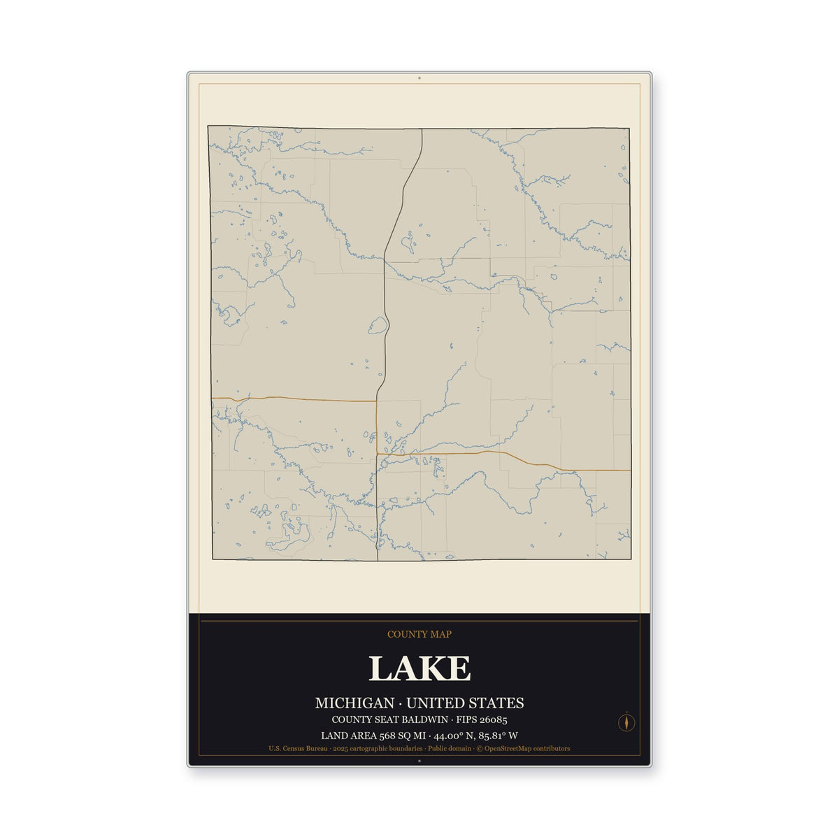 Lake County, Michigan Map Aluminum Sign in Museum Plaque style