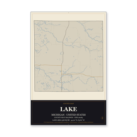 Lake County, Michigan Map Aluminum Sign in Museum Plaque style