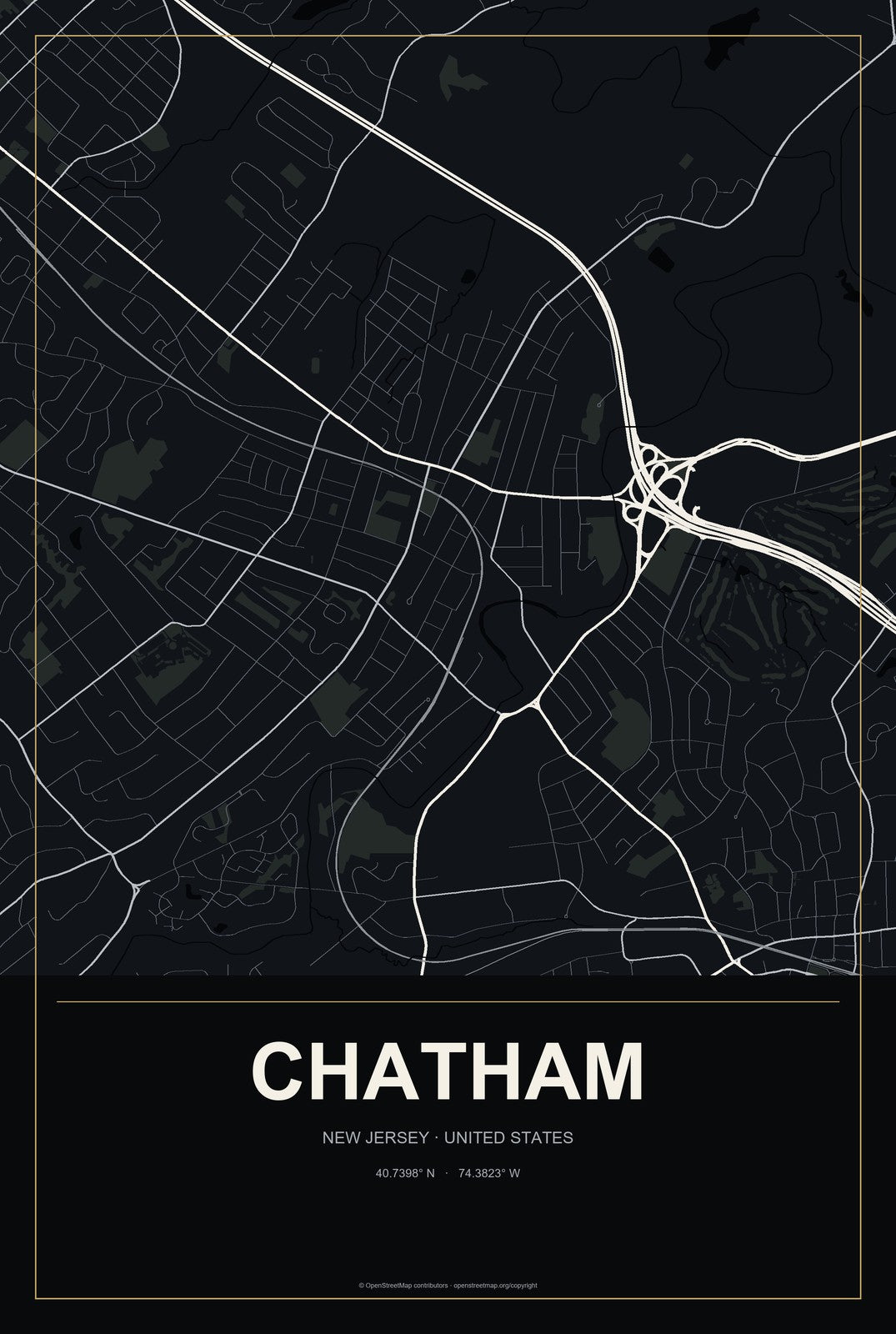 Chatham, New Jersey City Map Aluminum Sign in Metropolitan Noir style