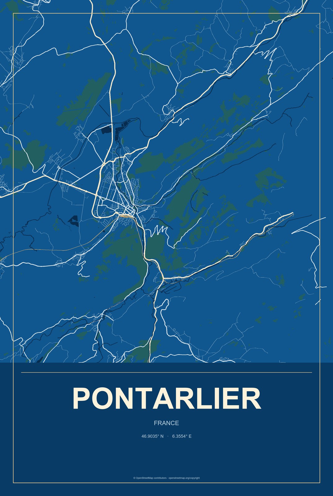 Pontarlier, France City Map Aluminum Sign in Harbor Cobalt style