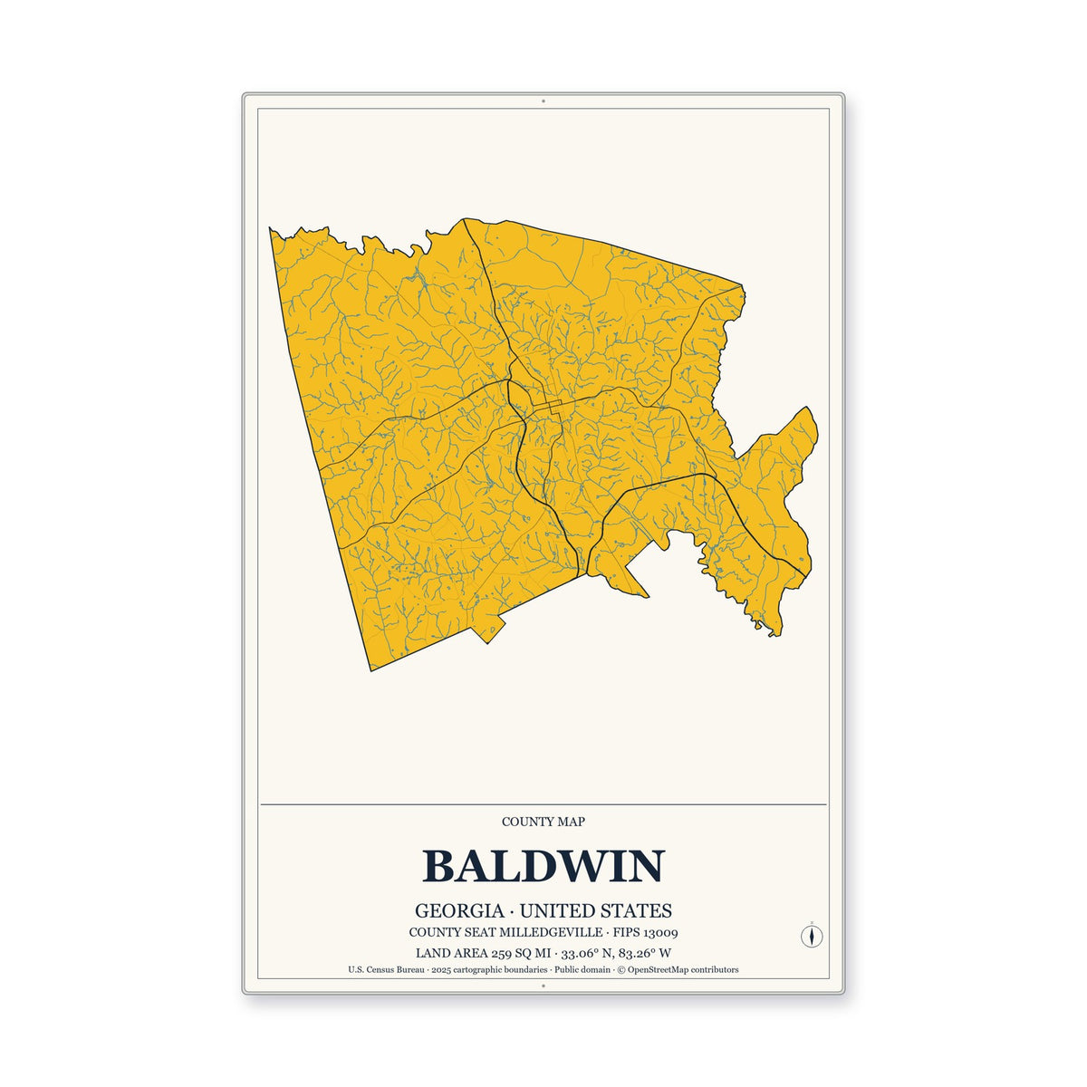 Baldwin County, Georgia Map Aluminum Sign in Citrine Modern style