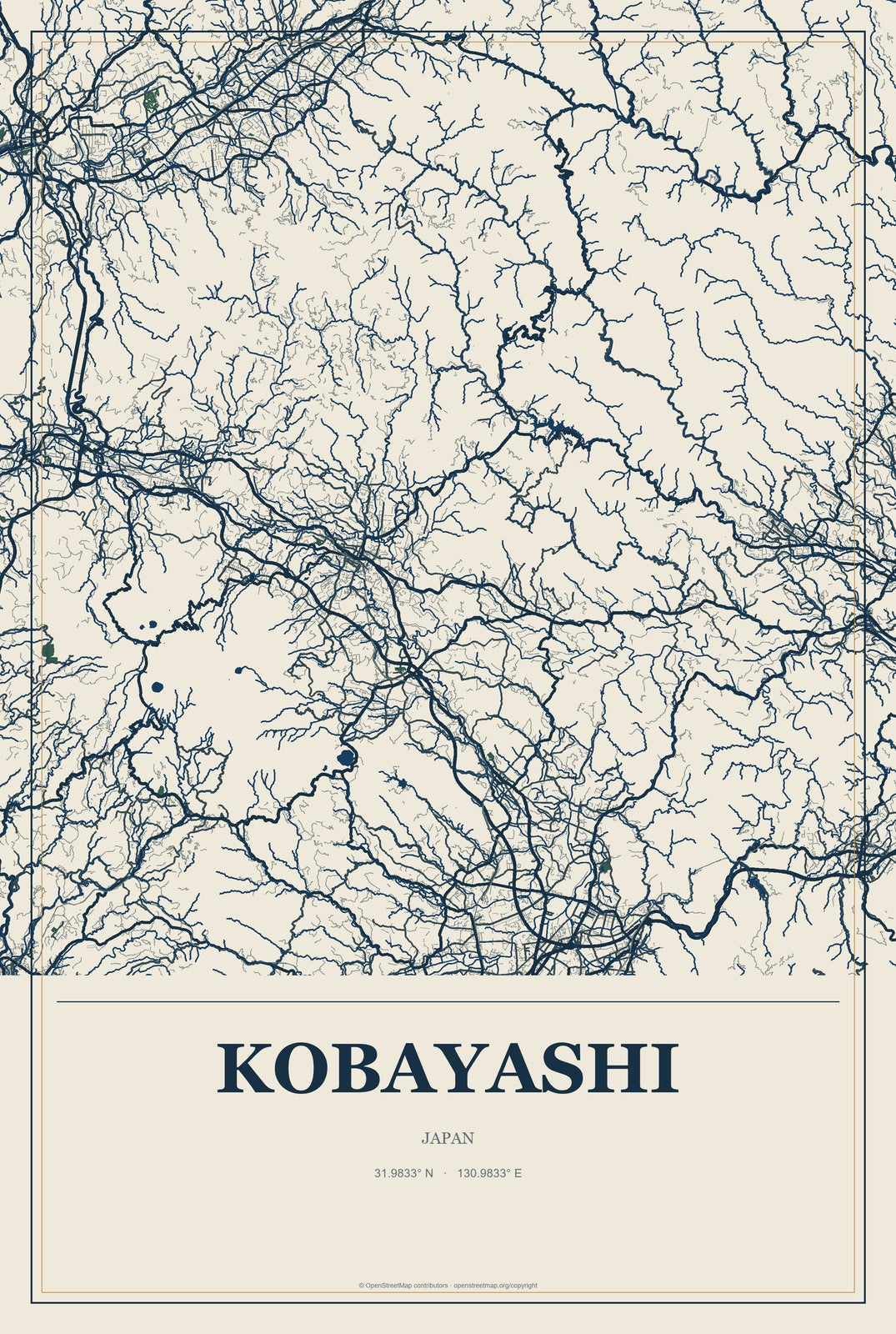 Kobayashi, Japan City Map Aluminum Sign in Coastal Cutout style