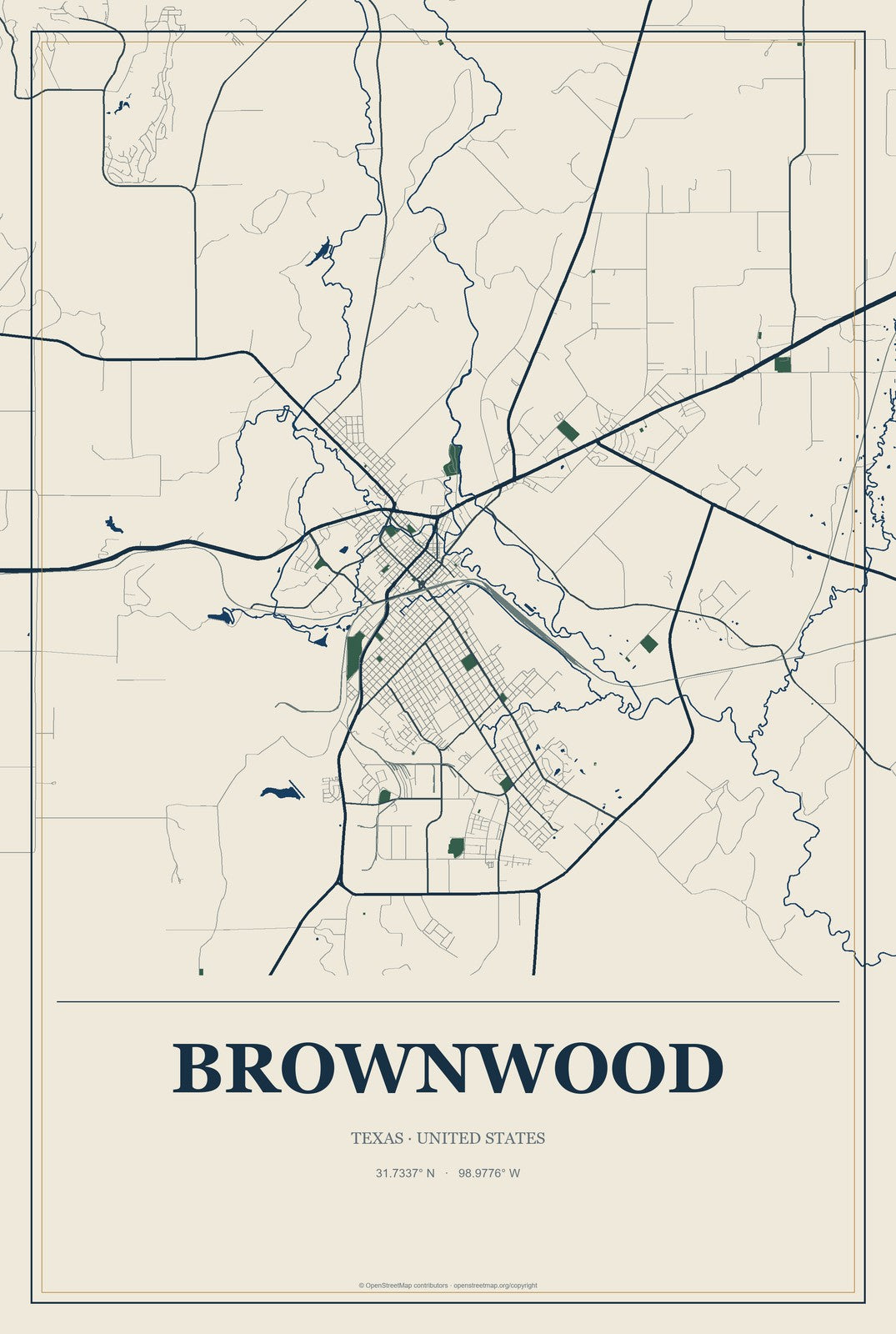 Brownwood, Texas City Map Aluminum Sign in Coastal Cutout style