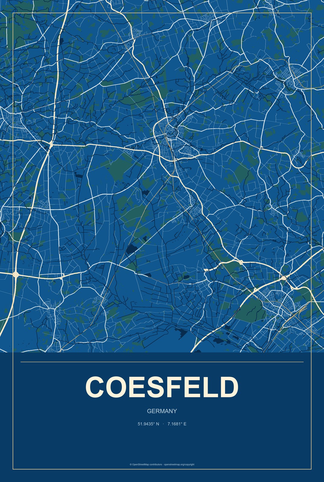 Coesfeld, Germany City Map Aluminum Sign in Harbor Cobalt style
