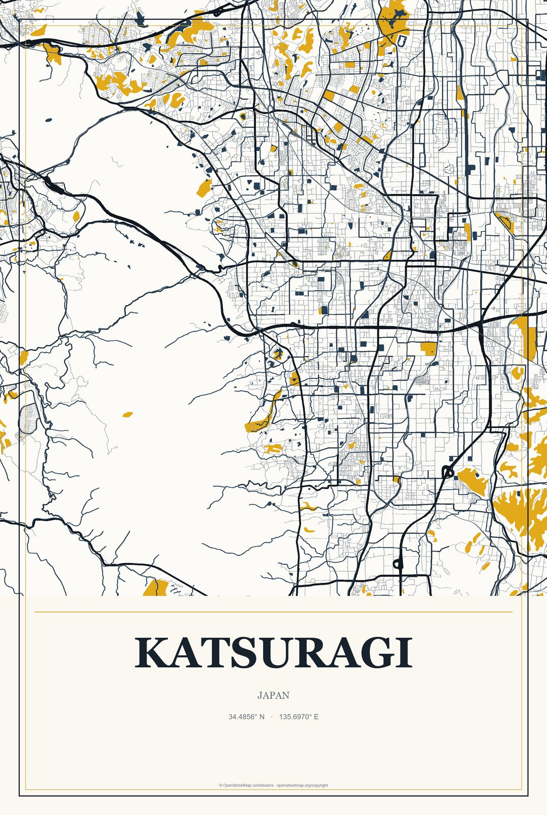 Katsuragi, Japan City Map Aluminum Sign in Citrine Modern style