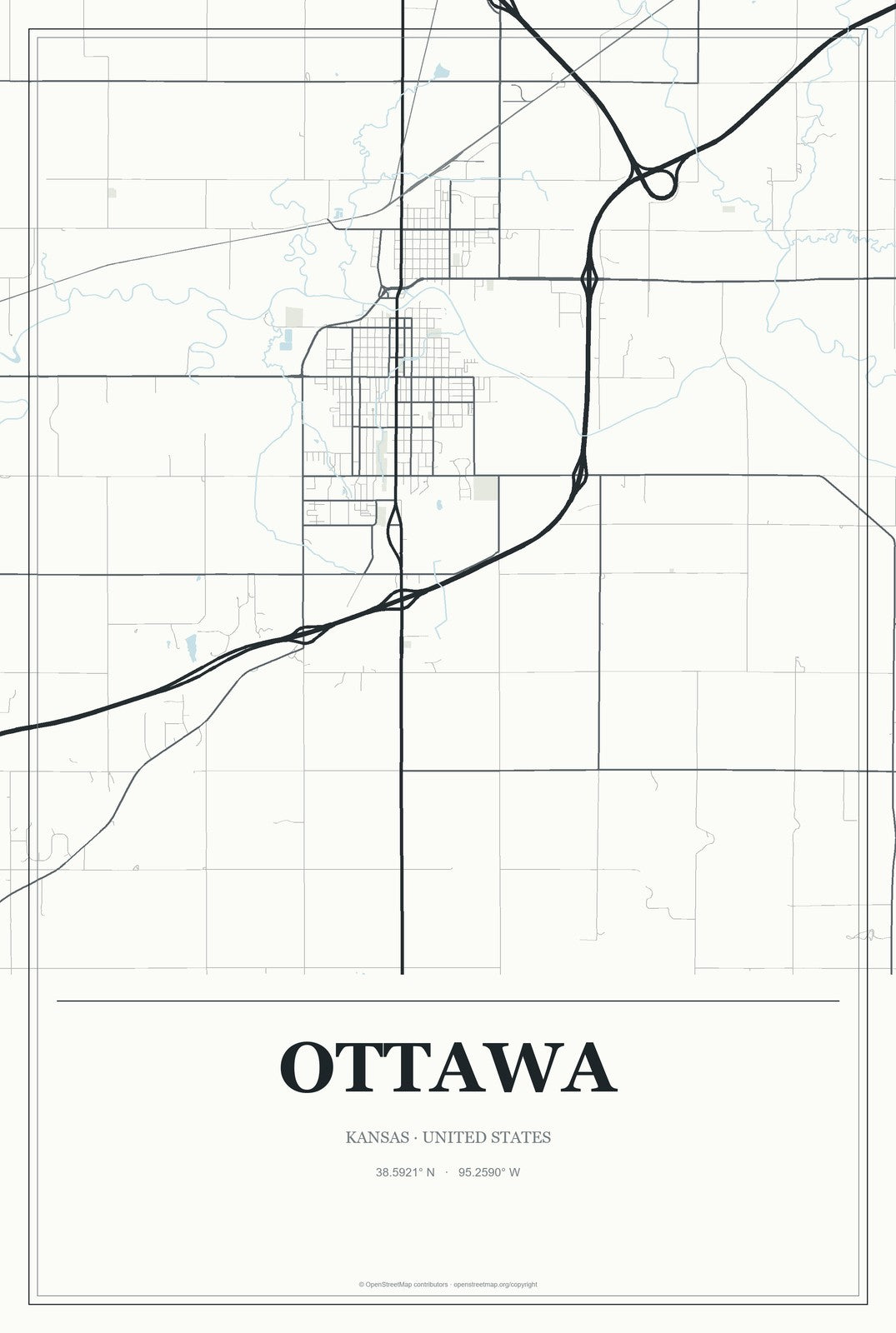 Ottawa, Kansas City Map Aluminum Sign in Gallery Air style