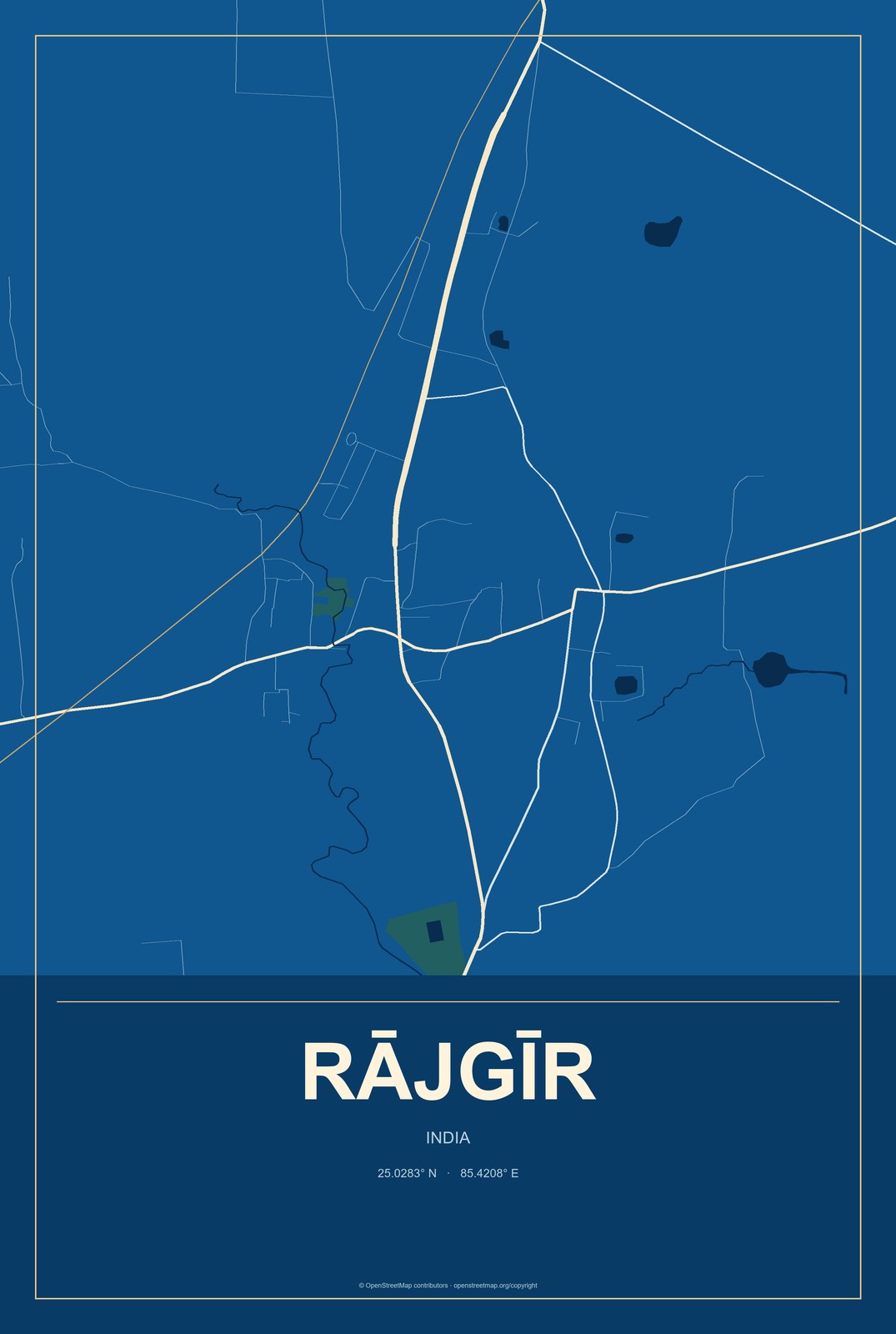 Rājgīr, India City Map Aluminum Sign in Harbor Cobalt style