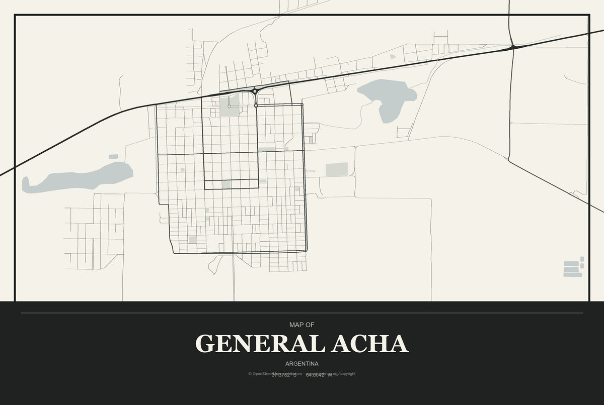 General Acha, Argentina City Map Aluminum Sign in Museum Plaque style