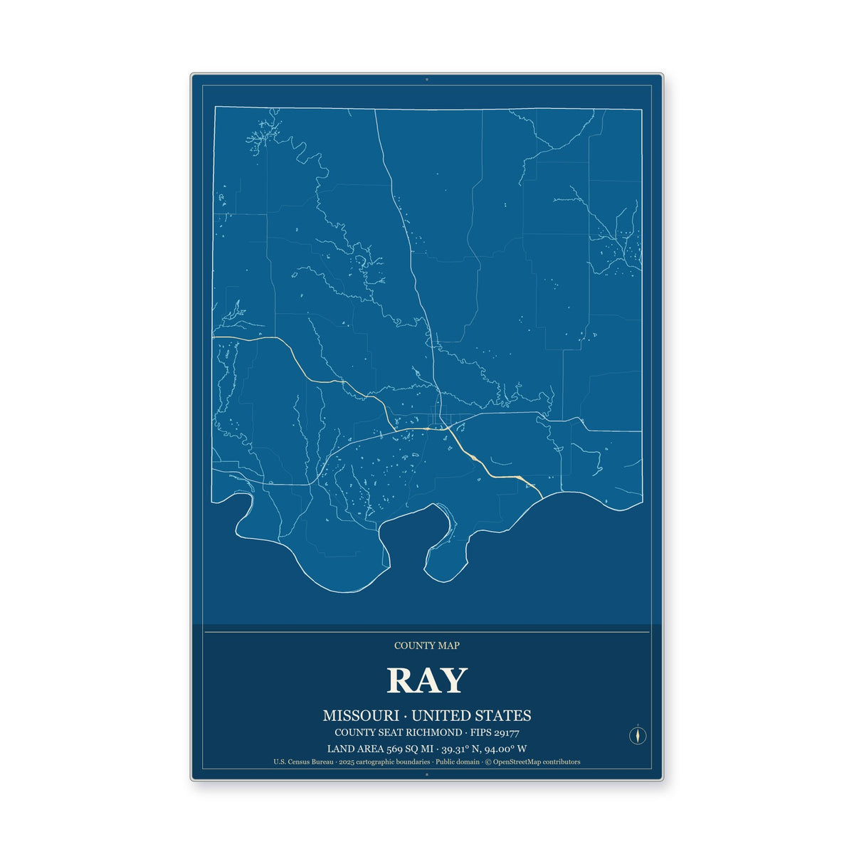 Ray County, Missouri Map Aluminum Sign in Harbor Cobalt style