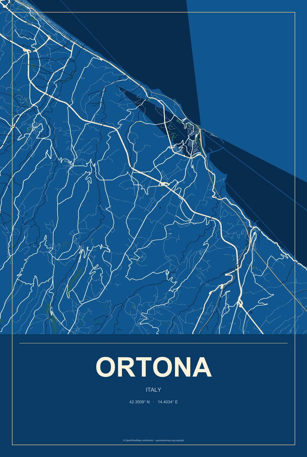 Ortona, Italy City Map Aluminum Sign in Harbor Cobalt style