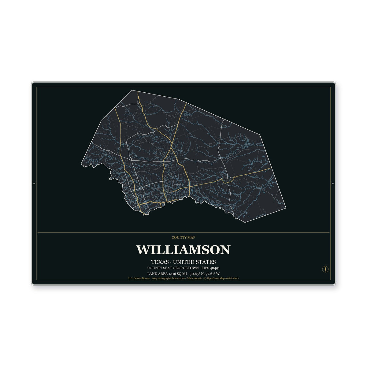 Williamson County, Texas Map Aluminum Sign in Metropolitan Noir style