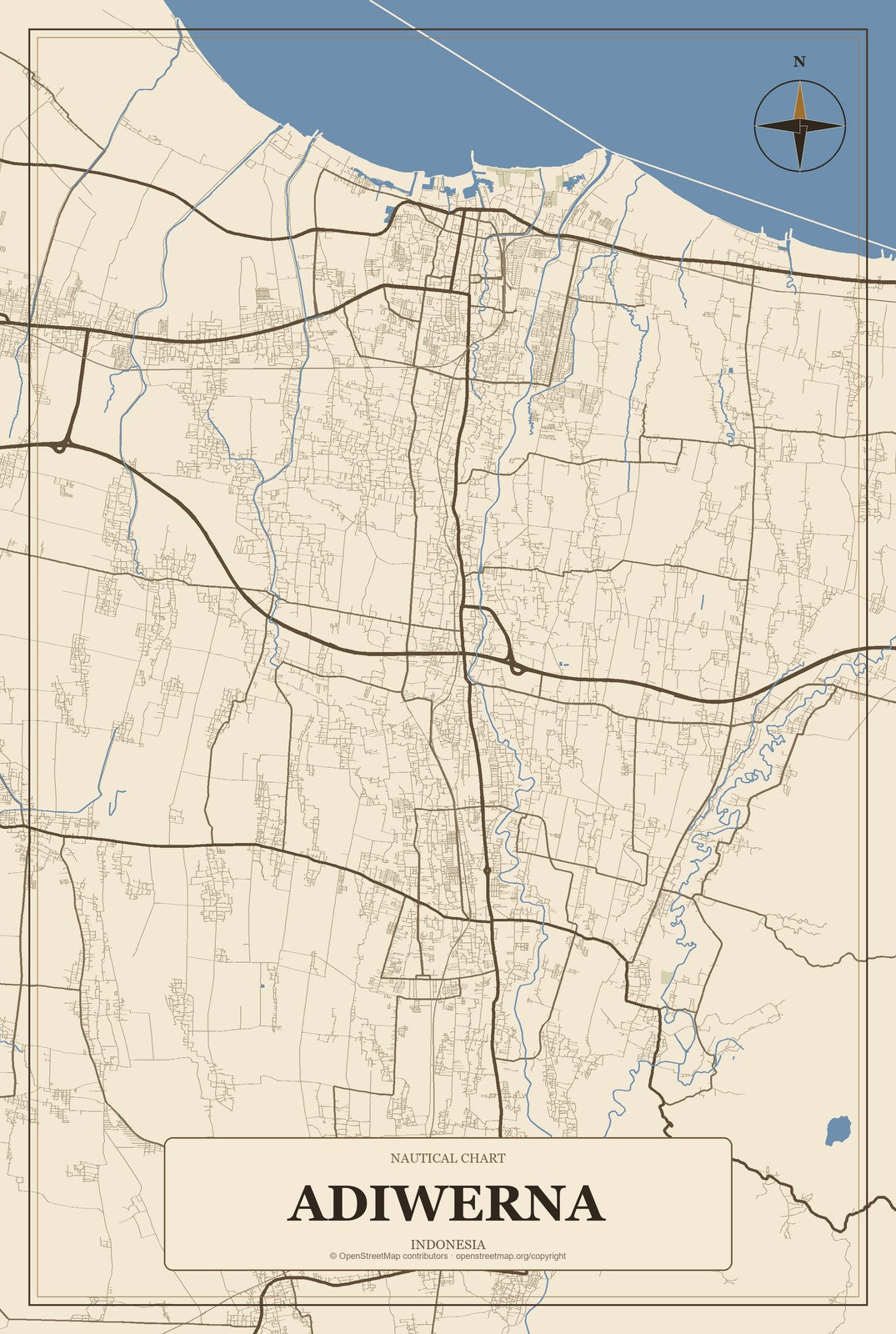 Adiwerna, Indonesia City Map Aluminum Sign in Heritage Nautical style