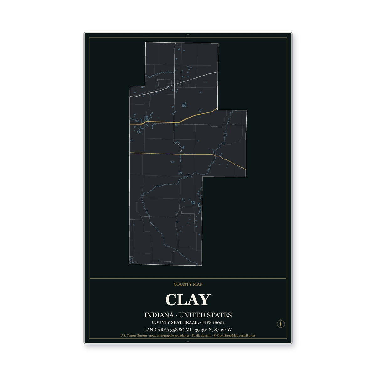 Clay County, Indiana Map Aluminum Sign in Metropolitan Noir style