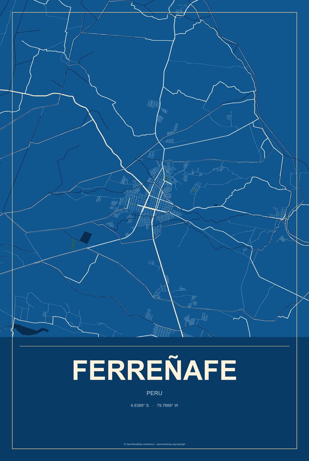 Ferreñafe, Peru City Map Aluminum Sign in Harbor Cobalt style