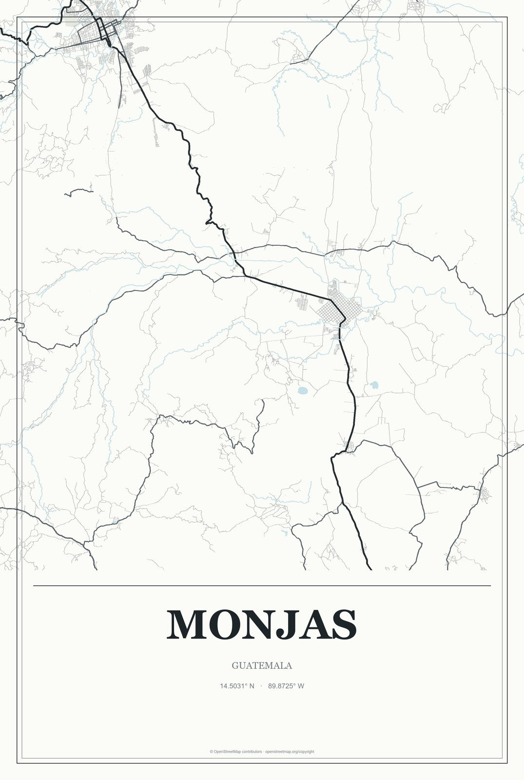 Monjas, Guatemala City Map Aluminum Sign in Gallery Air style