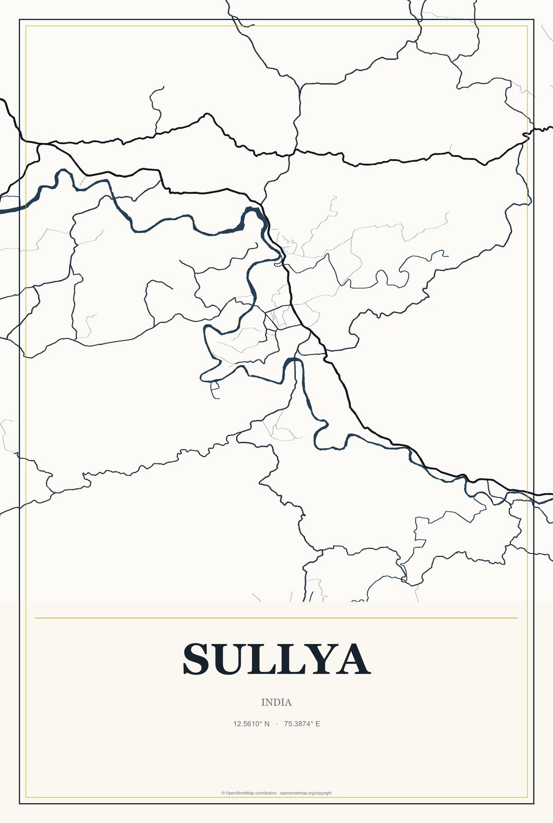 Sullya, India City Map Aluminum Sign in Citrine Modern style