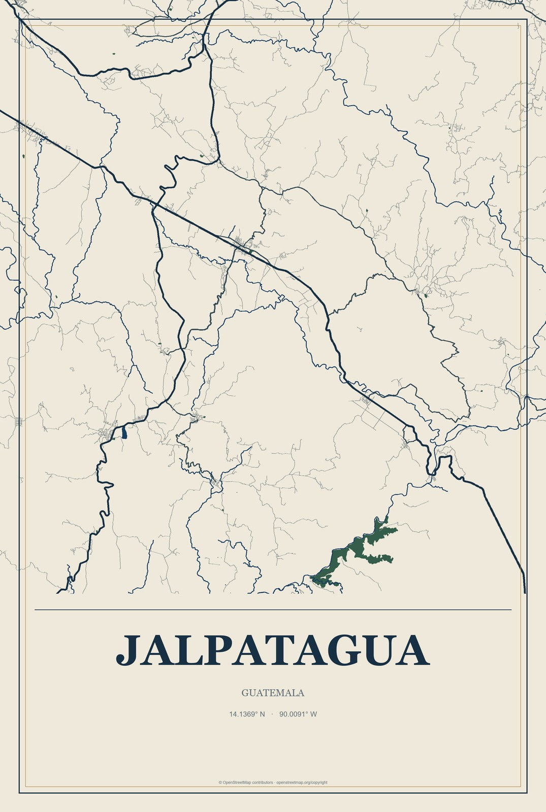 Jalpatagua, Guatemala City Map Aluminum Sign in Coastal Cutout style