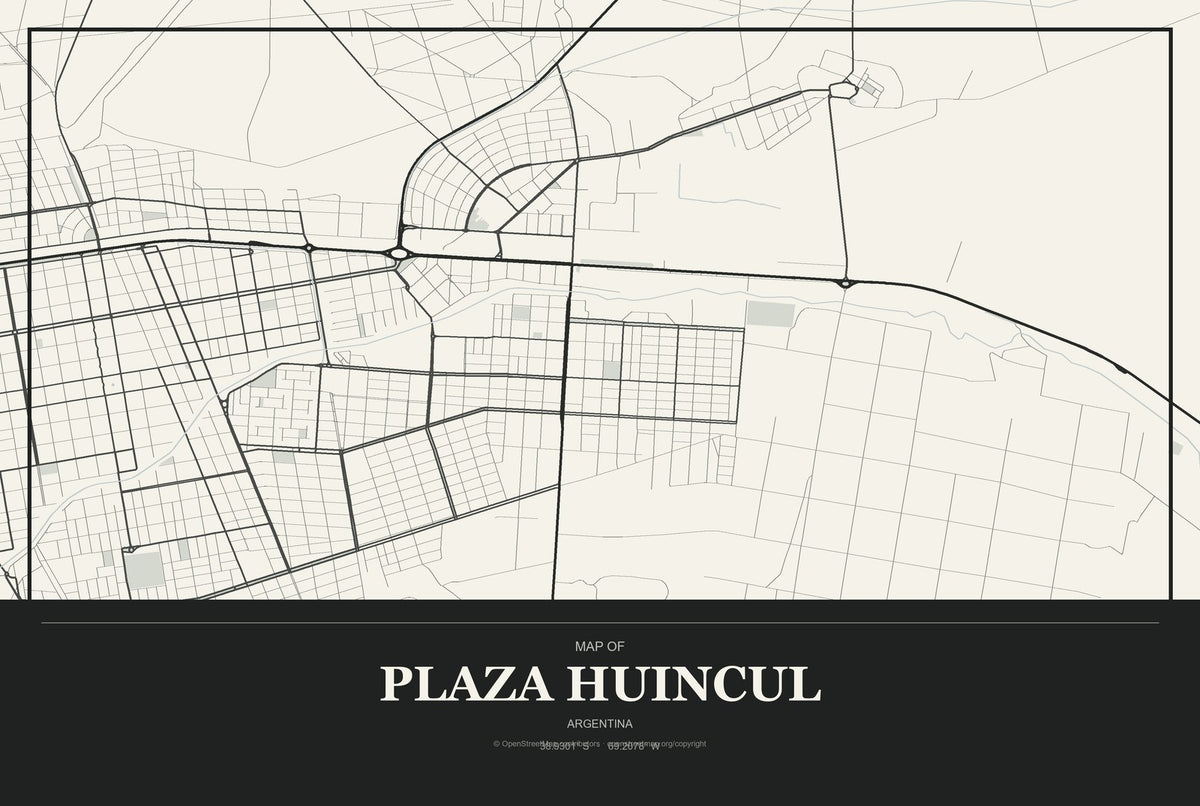 Plaza Huincul, Argentina City Map Aluminum Sign in Museum Plaque style