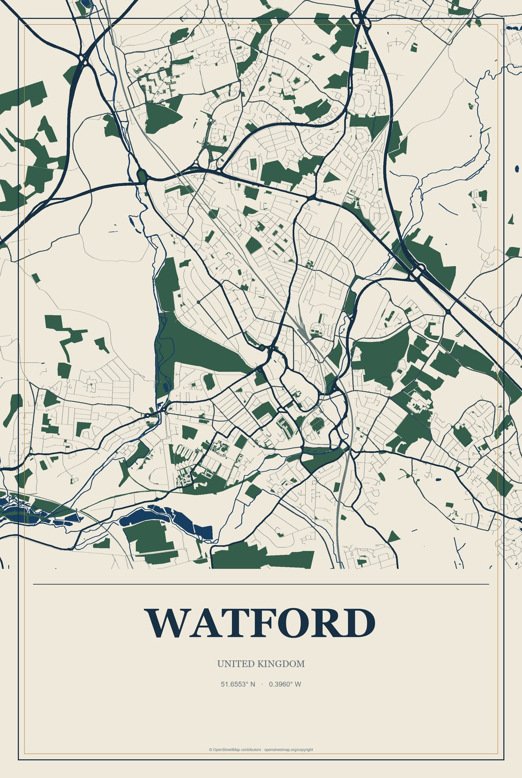 Watford, United Kingdom City Map Aluminum Sign in Coastal Cutout style