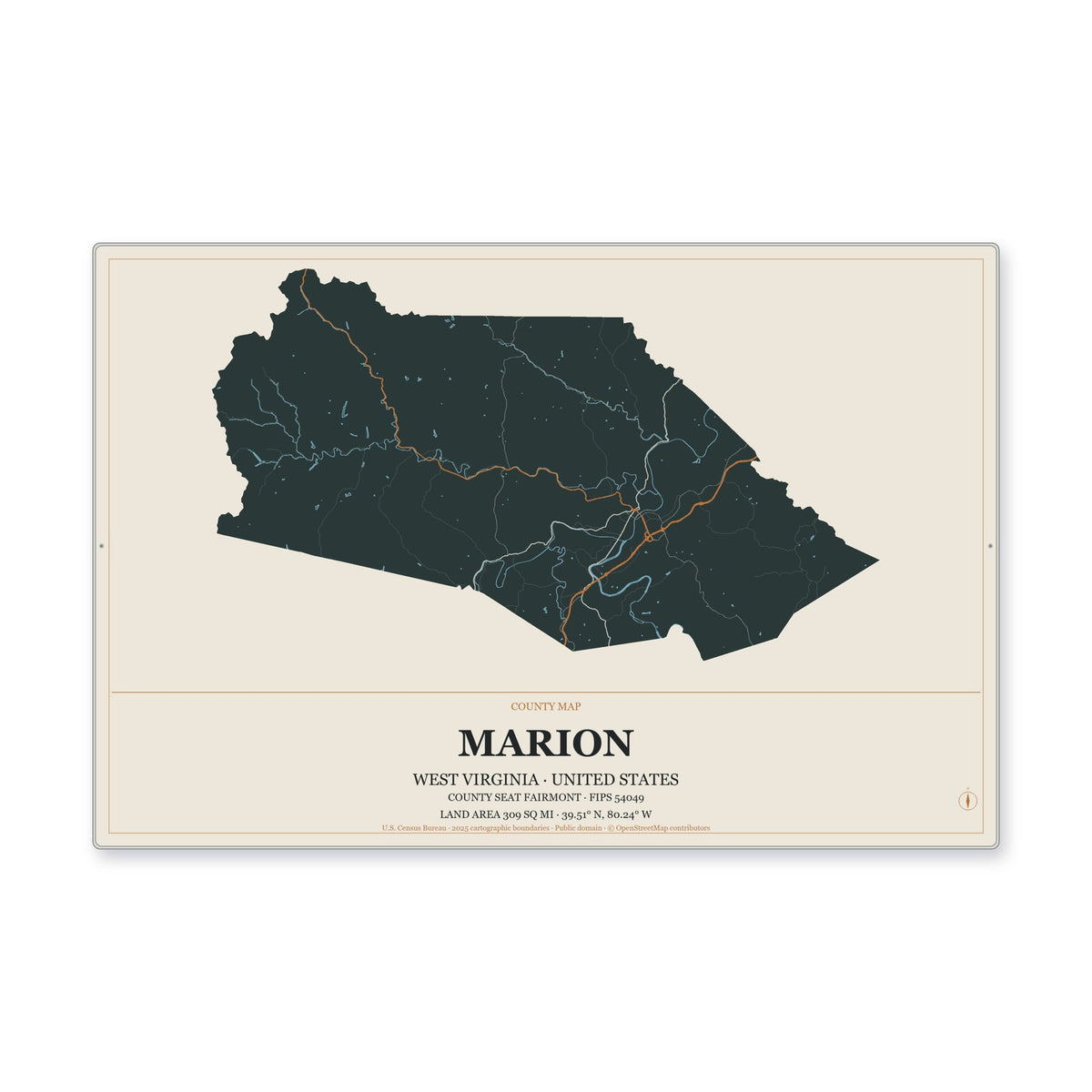 Marion County, West Virginia Map Aluminum Sign in Headline Atlas style