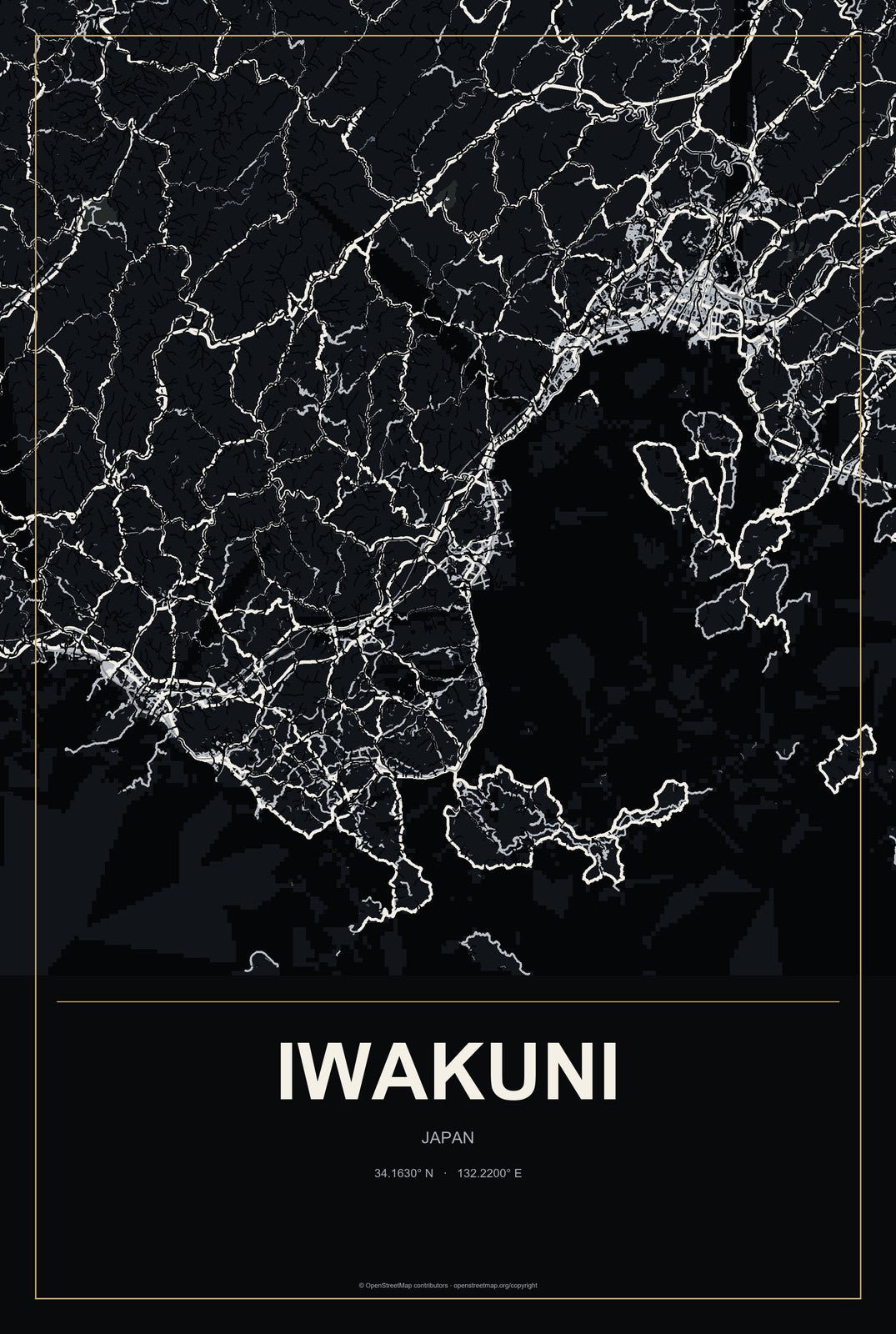 Iwakuni, Japan City Map Aluminum Sign in Metropolitan Noir style