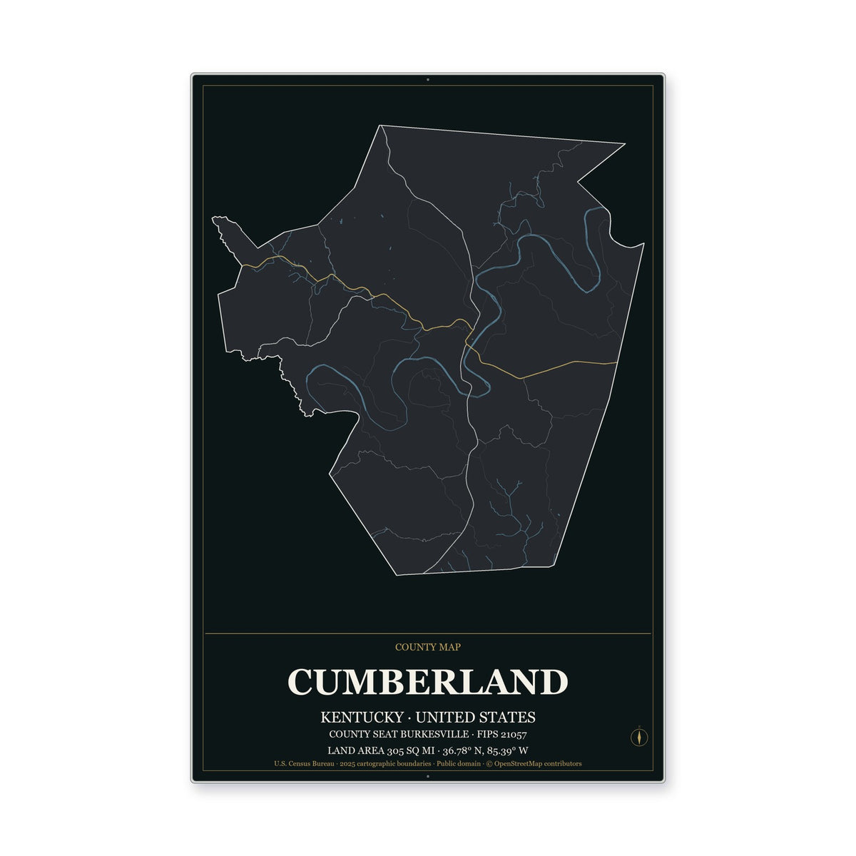 Cumberland County, Kentucky Map Aluminum Sign in Metropolitan Noir style