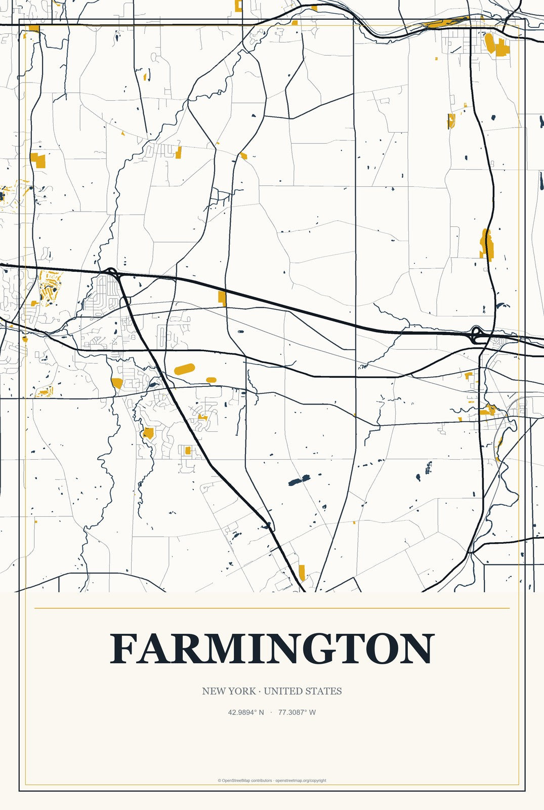 Farmington, New York City Map Aluminum Sign in Citrine Modern style