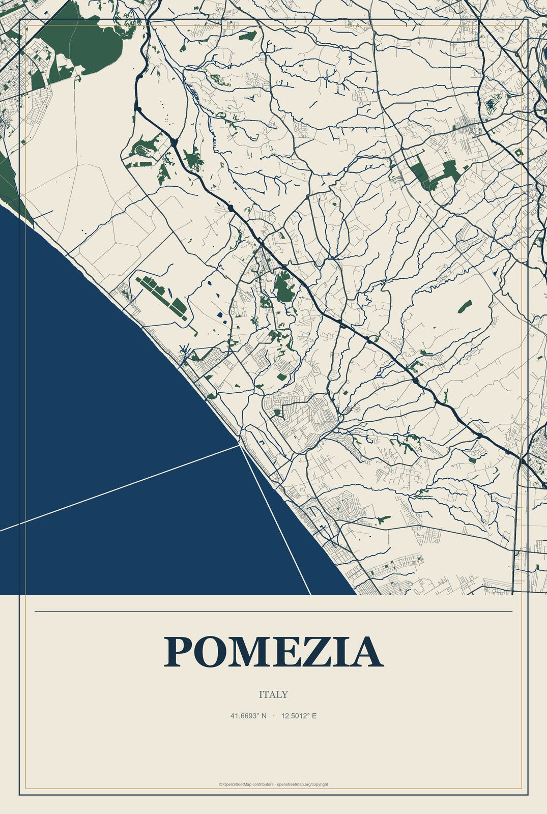 Pomezia, Italy City Map Aluminum Sign in Coastal Cutout style