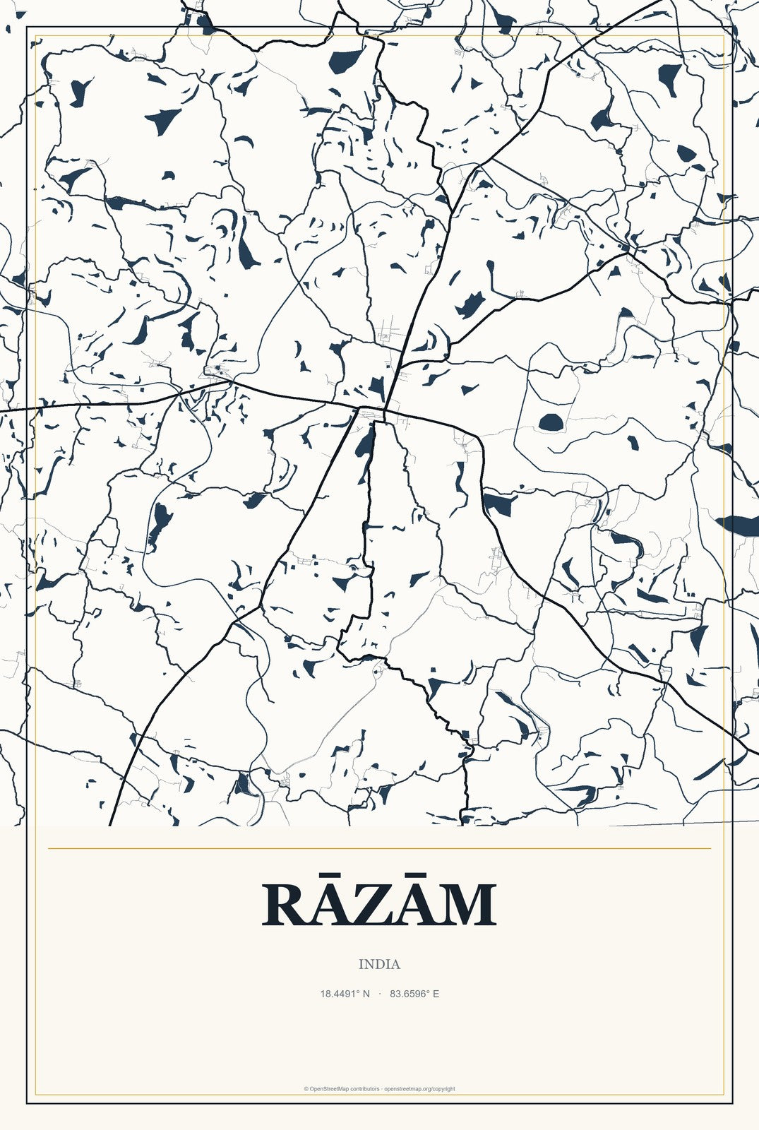 Rāzām, India City Map Aluminum Sign in Citrine Modern style