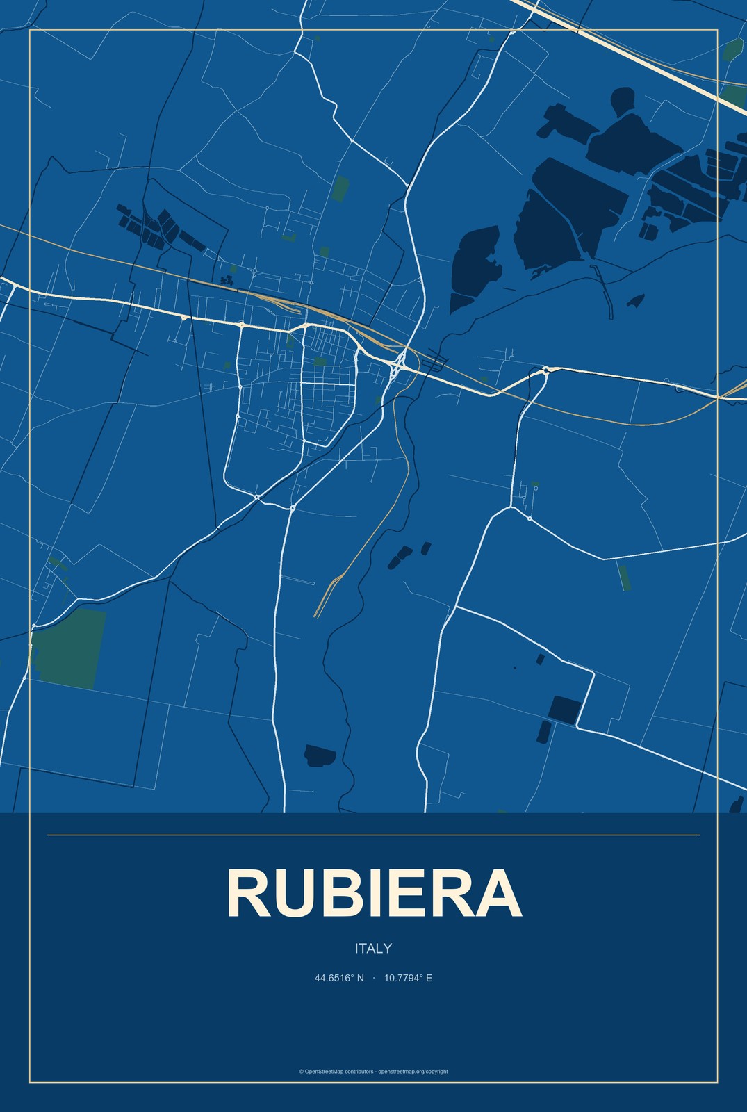 Rubiera, Italy City Map Aluminum Sign in Harbor Cobalt style