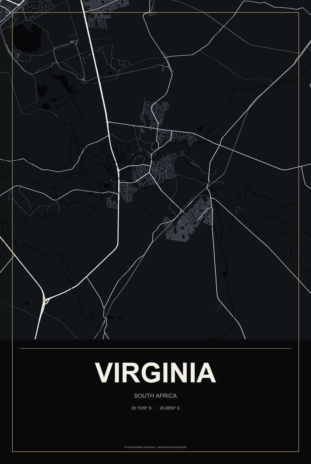 Virginia, South Africa City Map Aluminum Sign in Metropolitan Noir style