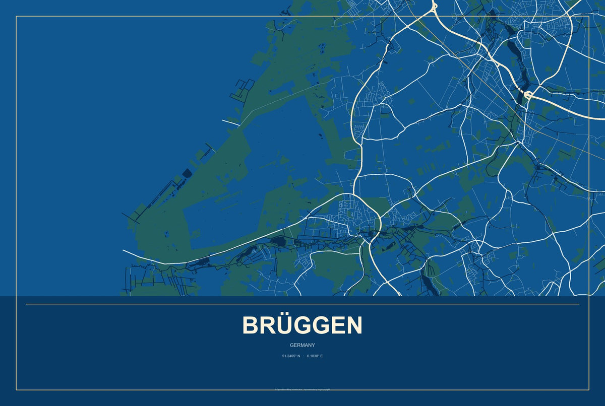 Brüggen, Germany City Map Aluminum Sign in Harbor Cobalt style