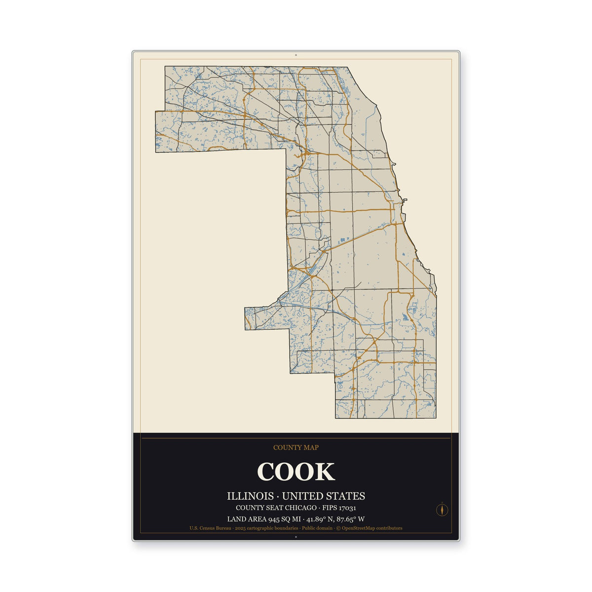 Cook County, Illinois Map Aluminum Sign in Museum Plaque style