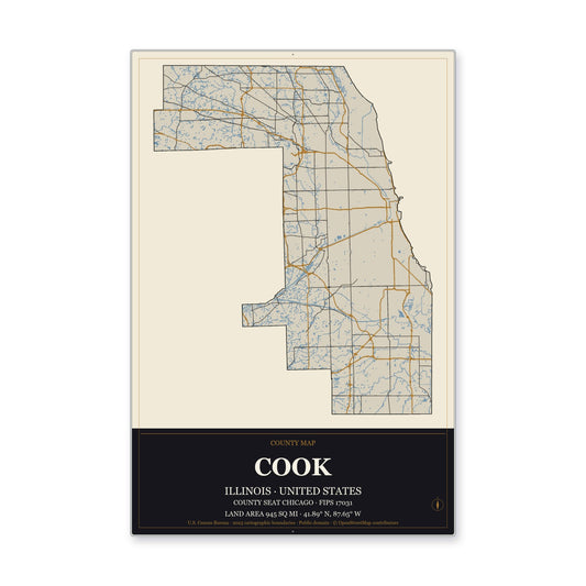 Cook County, Illinois Map Aluminum Sign in Museum Plaque style