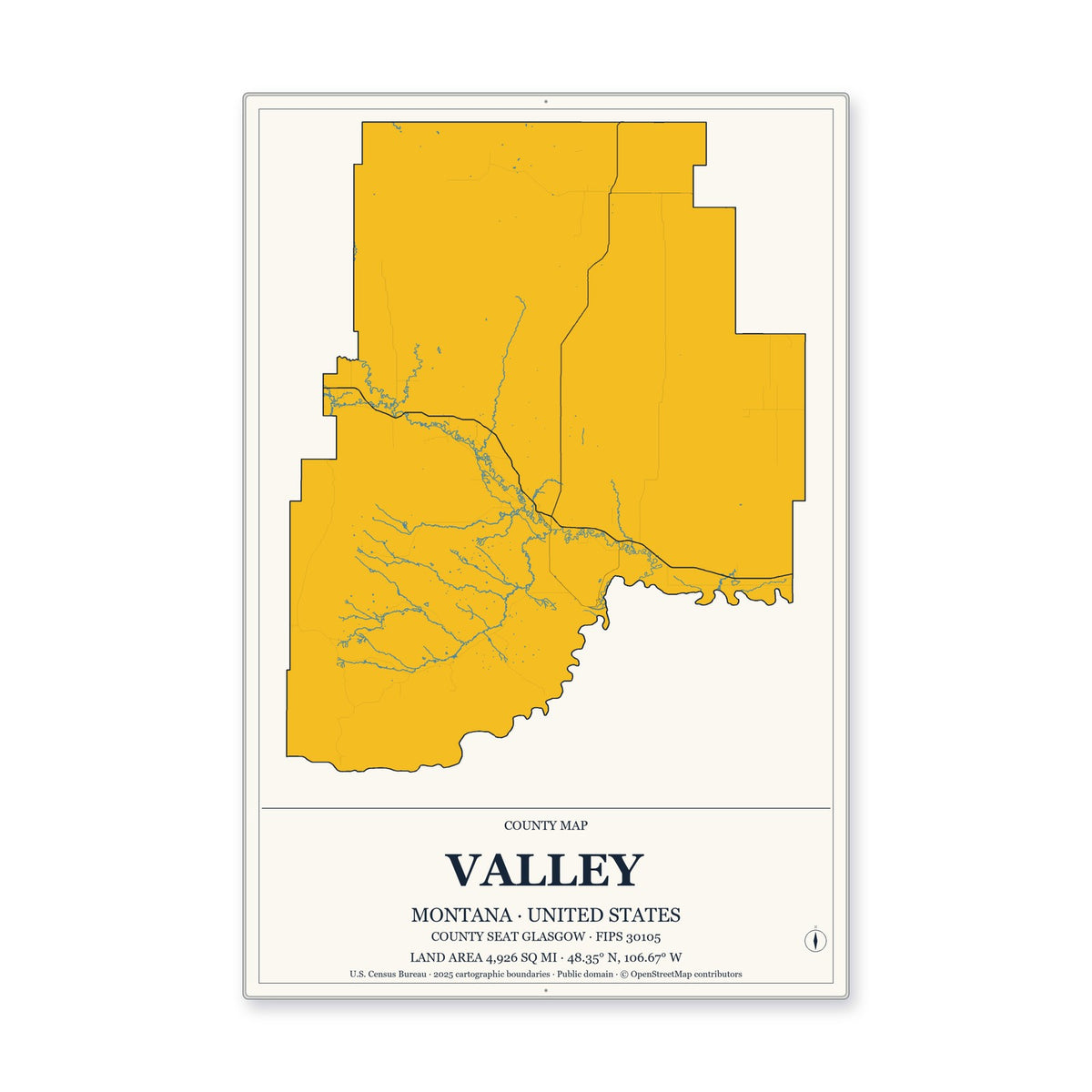 Valley County, Montana Map Aluminum Sign in Citrine Modern style